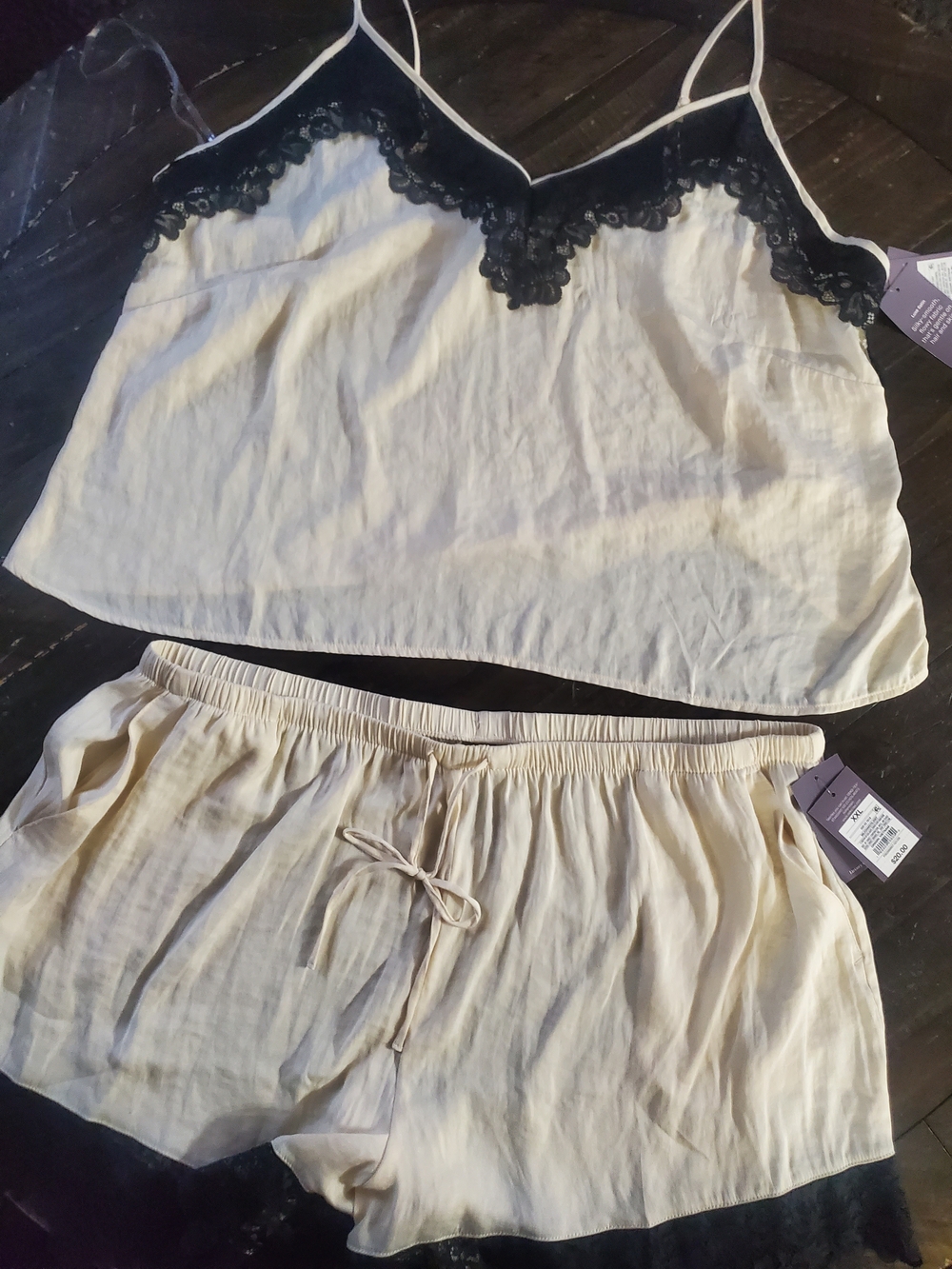 Auden Cream Satin Cami & Shorts Pajama Set with Black Lace Trim